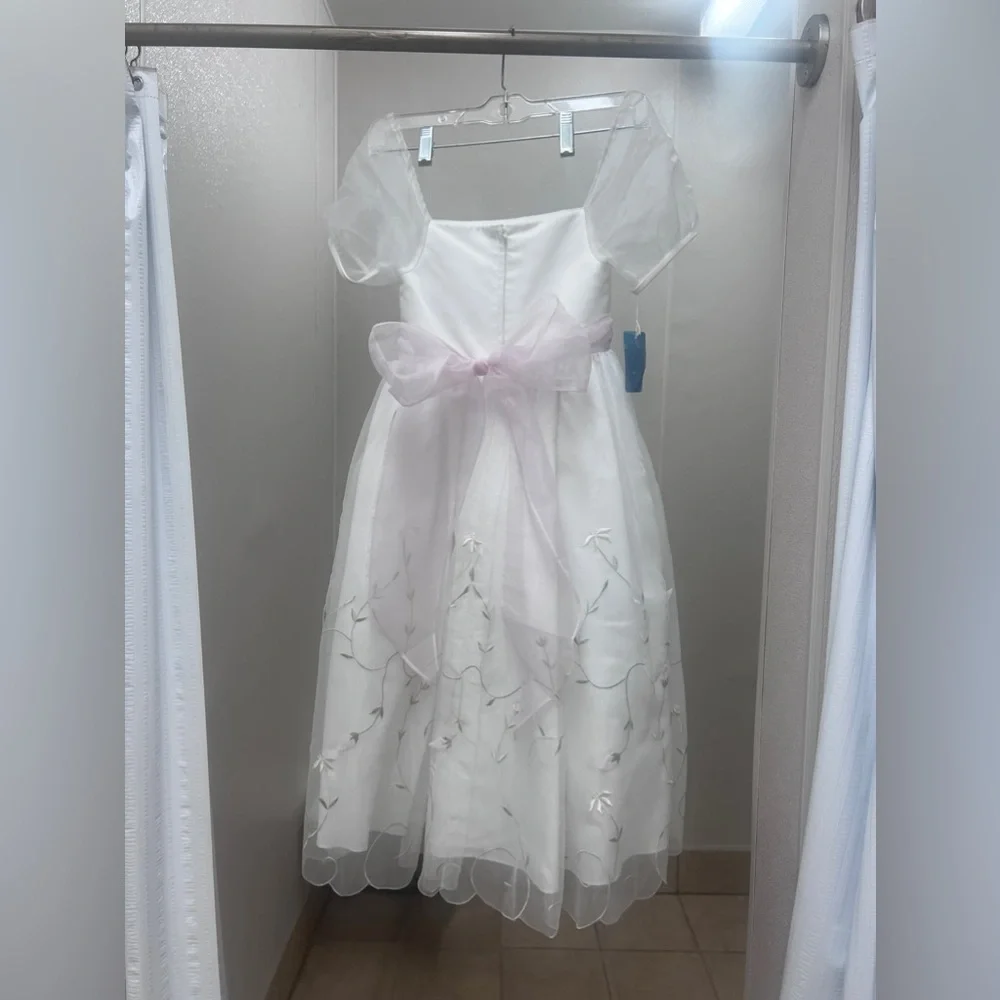 White Pink Embroidered Floral Little Girls Size 5 Tulle Dress - Picture 2 of 6
